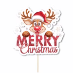 Topper pentru tort din carton decupat pe contur, ilustrând renul Rudolf cu un nas roșu proeminent și căciulă de Moș Crăciun, ținând copitele deasupra mesajului Merry Christmas scris cu un font roșu ce imită sclipiciul, pe un fundal decorat cu fulgi de nea