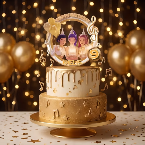 topper personalizat k-pop Mockup cu topper de tort personalizat K-Pop Demon Huntrix așezat pe un tort elegant auriu decorat cu note muzicale.