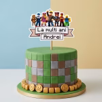 topper tort personalizat roblox Topper tort personalizat Roblox cu avatare si banner La multi ani Andrei pe un tort pixelat verde.