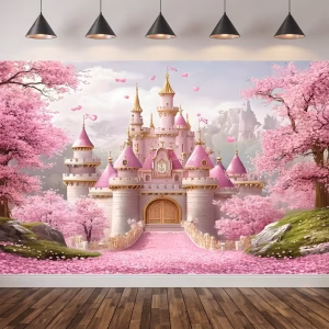Background Textil Castel De Basm Și Flori Fundal Foto Castel De Basm – Decor Flori Cireș Fundal Foto Textil Petrecere Tema Castel De Poveste Roz