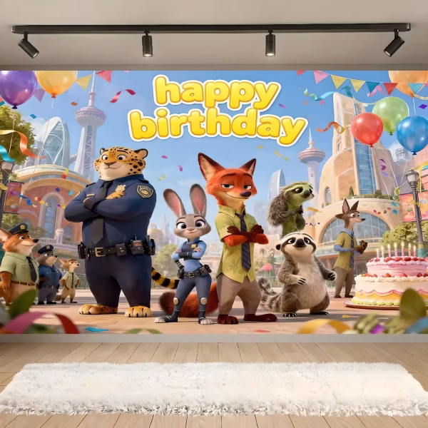 background textil zootopia Background textil pentru panou foto cu tematica Zootopia, ilustrand personajele Judy Hopps, Nick Wilde, ofiterul Clawhauser si lenesul Flash intr-un peisaj urban festiv cu mesajul Happy Birthday.