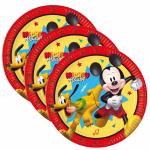 Farfurii din carton cu imprimeu Mickey Mouse ilustrand personajul principal alaturi de Pluto pe un fundal galben cu albastru si o margine rosie decorata cu siluete