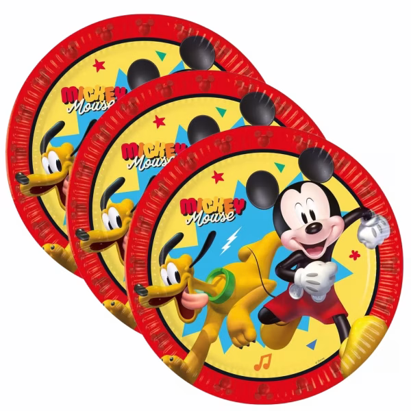 Farfurii din carton cu imprimeu Mickey Mouse ilustrand personajul principal alaturi de Pluto pe un fundal galben cu albastru si o margine rosie decorata cu siluete