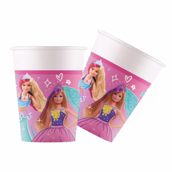 Pahar din carton cu imprimeu Barbie ilustrand o sirena si o zana pe un fundal roz cu stelute si inimioare