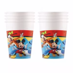 Pahare din carton cu imprimeu Mickey Mouse Jump Fun ilustrand personajele Mickey si Goofy zambind pe un fundal cu forme geometrice galbene si albastre