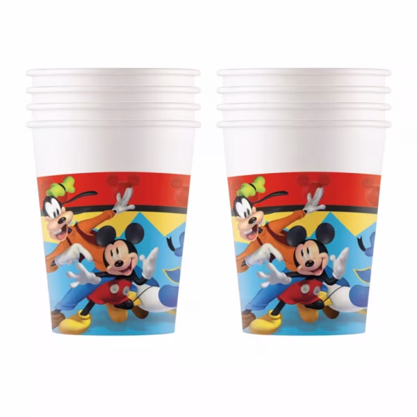 Pahare din carton cu imprimeu Mickey Mouse Jump Fun ilustrand personajele Mickey si Goofy zambind pe un fundal cu forme geometrice galbene si albastre