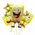 Set format din 5 baloane din folie de aluminiu incluzand o figurina gigant cu SpongeBob Pantaloni Patrati doua baloane patrate imprimate cu fetele expresive ale personajului si doua baloane in forma de stea galben-auriu