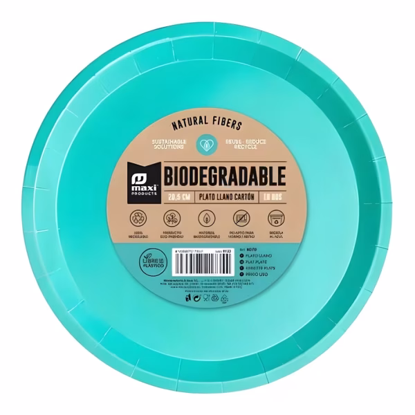 farfurii carton verde menta Farfurie rotunda din carton ecologic, nuanta verde menta, prezentand eticheta cu specificatiile biodegradabil, fibre naturale si diametru de 20.5 cm.