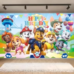 Background Textil Patrula Catelusilor 210x160 cm Background textil premium pentru arcada cu toate personajele din Patrula Catelusilor Chase Marshall Skye Rubble si mesajul Happy Birthday.