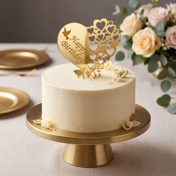 Topper Tort Happy Birthday Inima Auriu Plexiglass Premium 5 cm topper tort happy birthday inima auriu plexiglass oglinda premium decoratiuni aniversare femei elegant bento cake candy bar