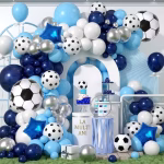 Arcada din baloane asamblata in culori de albastru bleu alb si argintiu chrome decorata cu baloane folie in forma de minge si stea