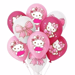 Set de 10 baloane din latex în culorile roz deschis, roz fucsia și alb, imprimate cu personajul Hello Kitty purtând rochiță și fundițe, alături de baloane decorate cu funde roz supradimensionate