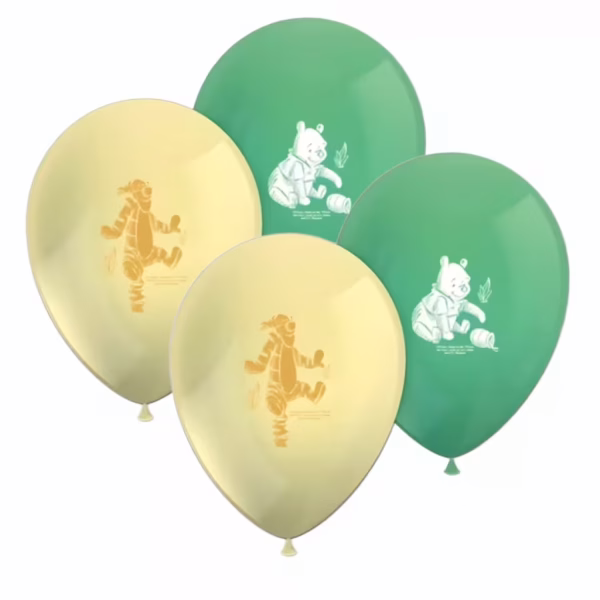 Baloane din latex cu imprimeu Winnie the Pooh si Tigrila in nuante calde de verde si galben pastelat