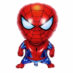 Balon din folie metalizata ilustrand personajul Spider Man cu un design de figurina avand capul supradimensionat si costumul clasic in culorile rosu si albastru