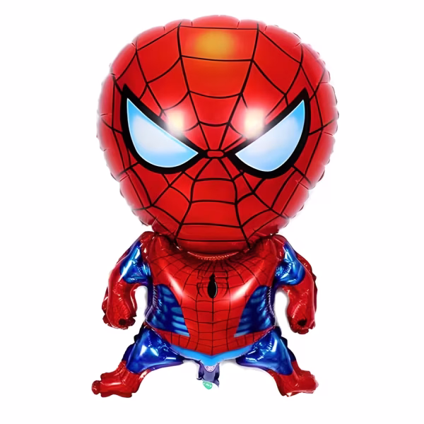Balon din folie metalizata ilustrand personajul Spider Man cu un design de figurina avand capul supradimensionat si costumul clasic in culorile rosu si albastru