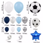 Detaliere a pieselor incluse in setul ghirlanda prezentand dimensiunile si culorile exacte pentru baloanele de fotbal si accesoriile de montaj