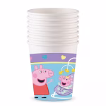 Set de pahare din carton albe avand imprimata in jumatatea inferioara o ilustratie cu Peppa Pig zambind catre un bebelus asezat intr-un balansoar mov cu ratuste pe un fundal albastru incadrat de o banda mov cu inimioare