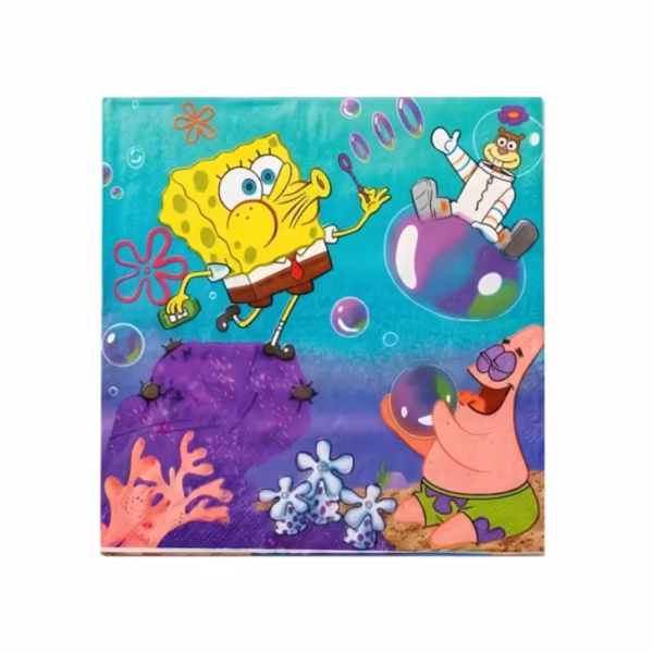 Set de 20 de servetele de masa din hartie ilustrand un decor subacvatic colorat cu SpongeBob sufland bule de sapun alaturi de Patrick Stea si de veverita Sandy Cheeks in costum de astronaut