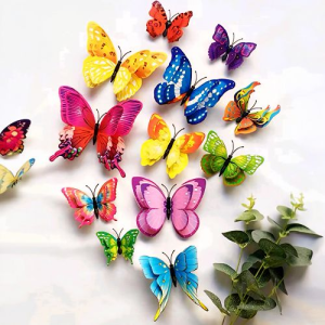Set 12 Fluturi 3D Decorativi Multicolori (Magnet & Adeziv) Set de 12 fluturi 3D decorativi in culori vibrante de roz