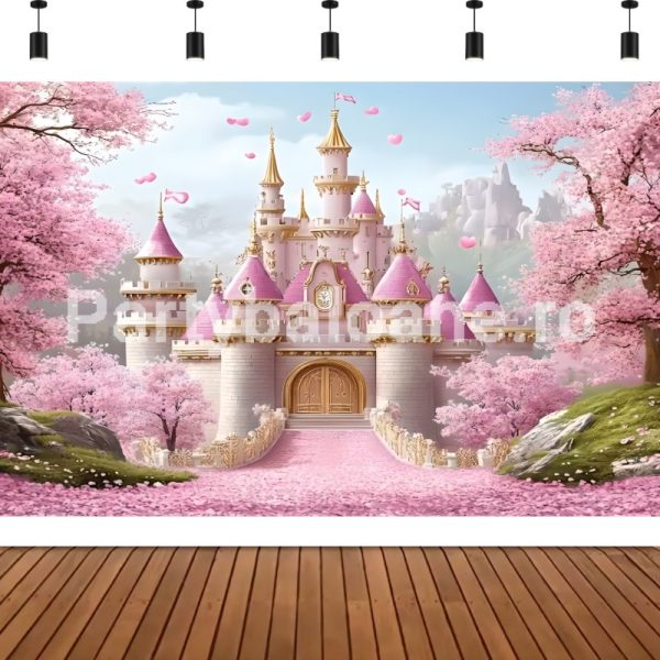 Fundal Foto Castel de Basm – Decor Flori Cireș Fundal foto textil petrecere tema castel de poveste roz