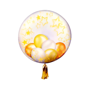 BALON BOBO TRANSPARENT CU 6 BALOANE GALBENE , PORTOCALII SI ALBE IN INTERIOR
