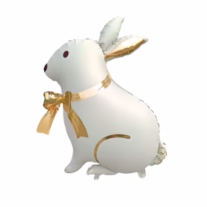Balon Folie Figurina Iepure Alb cu Auriu 82x72 cm (AerHeliu) Un balon gigant din folie metalizata in forma unui iepuras de profil. Balonul are o baza de culoare alba cu detalii elegante si lucioase de culoare aurie