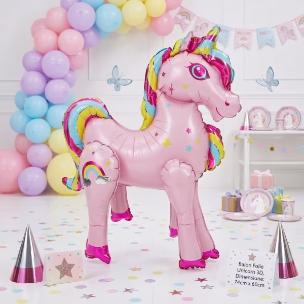 Balon Unicorn Airwalker 3D Roz (74x60 cm) Figurină Podea Copii Balon din folie 3D tip Airwalker in forma de unicorn roz pastel. Masoara 74x60 cm