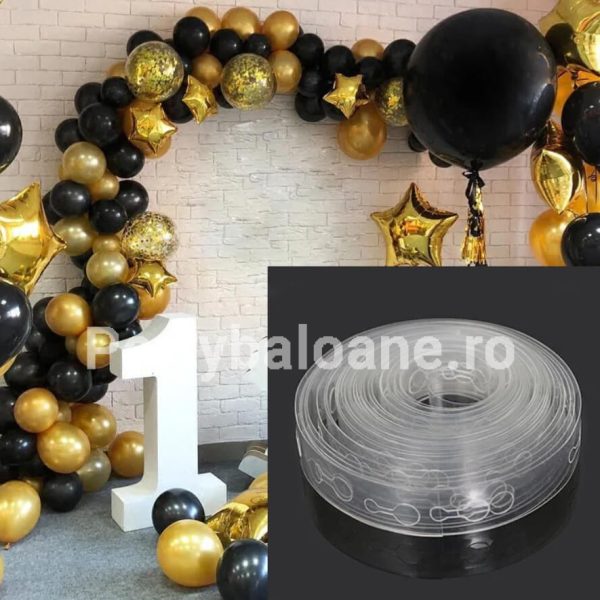 Banda Arcada Baloane si Ghirlande 3 Metri (Plastic Transparent) Banda din plastic transparent de 3 metri cu gauri de prindere pentru construirea de arcade si ghirlande organice din baloane la petreceri.