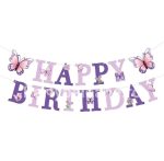 Banner Happy Birthday Fluturi Pastel (MovRoz) – Ghirlandă Petrecere Carton Ghirlandă festivă din carton cu textul Happy Birthday