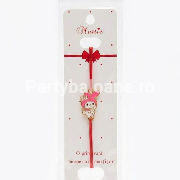 Brățară Mărțișor Sanrio My Melody – Cadou Dulce de 1 Martie pentru Fetițe – Șnur Reglabil Bratara martisor cu personajul My Melody Sanrio pe snur rosu reglabil cadou 1 Martie