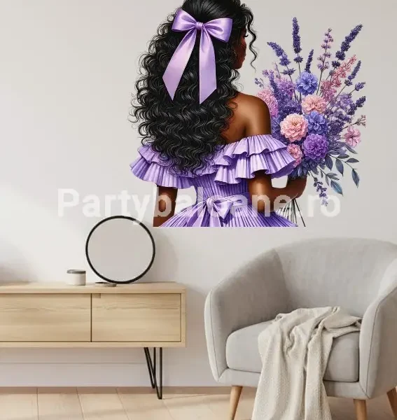 FATA CU FLORI MOV STICKER DECORATIV PENTRU PERETE - COD 479B