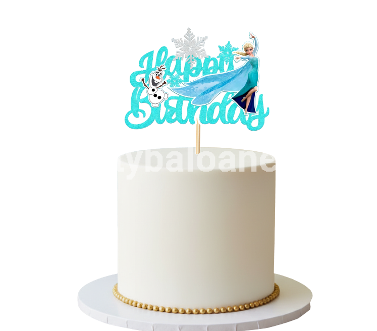 Topper Tort Elsa si Olaf Happy Birthday (Sclipici Turcoaz) 14x11 cm Un topper decorativ din carton premium pentru tortul fetitelor cu tematica Disney Frozen. Topperul prezinta mesajul Happy Birthday realizat cu efect de sclipici turcoaz