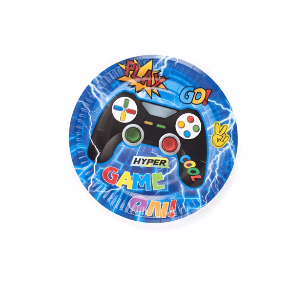 Farfurii Party Game On – Set 10 Bucăți Carton 18 cm (Gaming) O farfurie rotundă de desert din carton