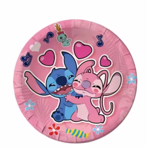 Farfurii Party Stitch și Angel – Set 10 Bucăți Carton 23cm (Decor Roz) O farfurie rotundă de petrecere din carton