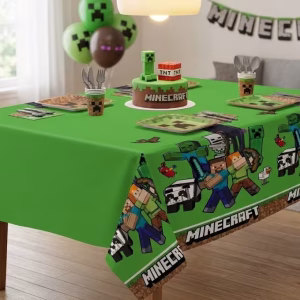 Față de Masă Minecraft 120x180 cm – Decor Petrecere Copii O față de masă din folie de plastic verde pentru petreceri