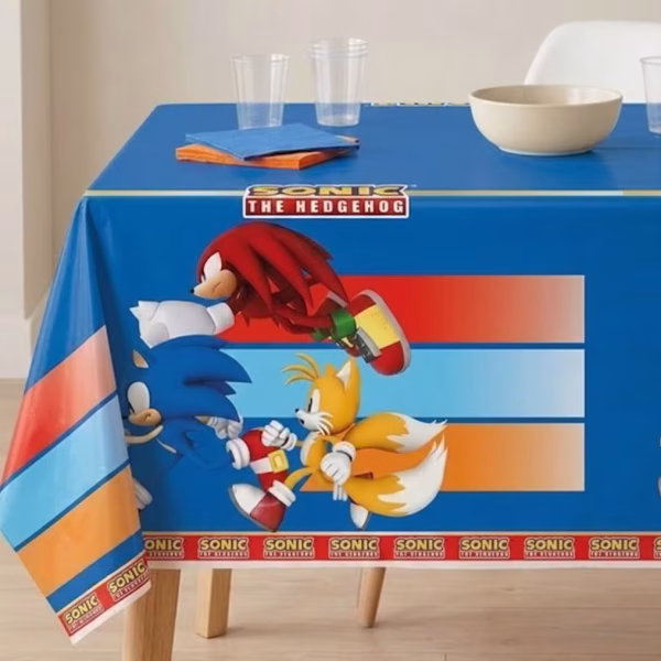 Față de Masă Sonic 120x180 cm – Decor Petrecere Copii O față de masă din folie de plastic albastră pentru petreceri de copii