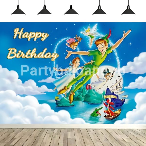 Fundal Foto Peter Pan – Decor Aniversare Țara de Nicăieri Fundal foto textil aniversare tematica Peter Pan cu personaje zburand (Peter