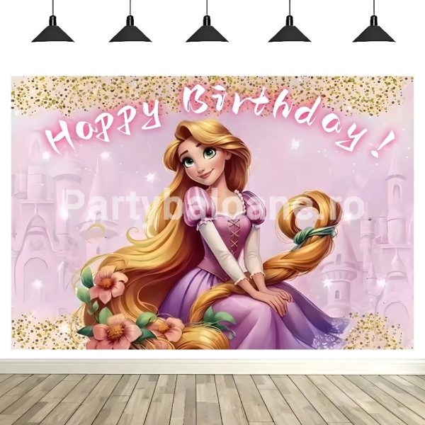 Fundal Foto Rapunzel – Decor Aniversare Fundal foto textil aniversare tematica Rapunzel cu printesa cu par lung
