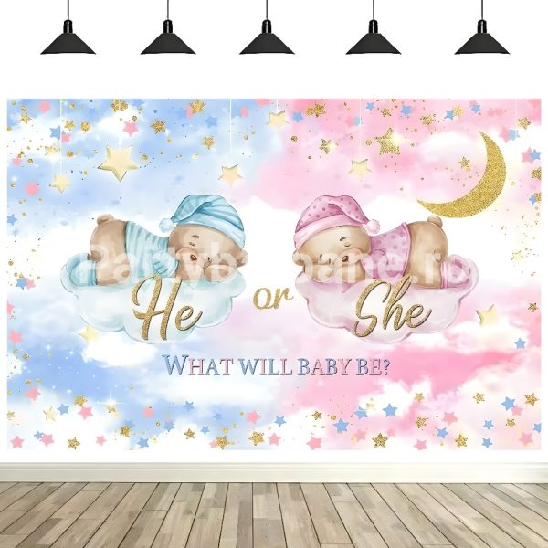 Fundal Gender Reveal Boy or Girl Fundal foto textil petrecere Gender Reveal Boy or Girl cu ursuleti dormind pe nori roz si albastri