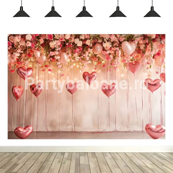 Fundal Textil Inimi si Flori Fundal foto textil decor romantic cu baldachin bogat de flori roz și crem și baloane metalice în formă de inimă roz