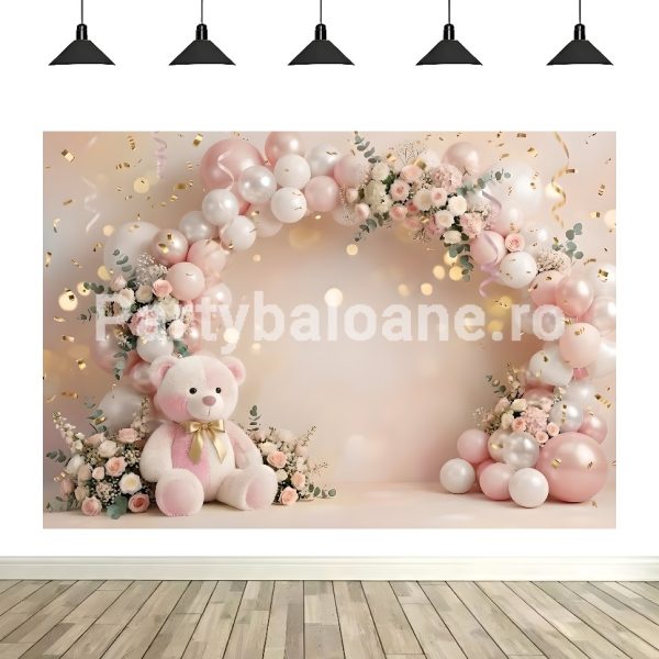Fundal Textil Urs si Baloane – Decor Botez Aniversare COD 605B Fundal foto textil decor arcadă baloane roz