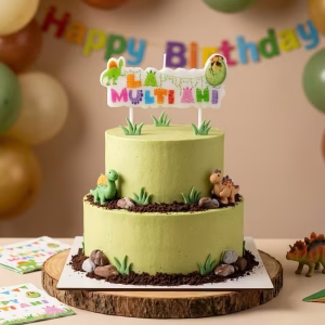 Lumânare Tort La Mulți Ani Dinozauri (9x7 cm) Decor Aniversare Băieți Tort aniversar verde pe doua etaje