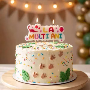 Lumânare Tort La Mulți Ani Dinozauri (9x7 cm) Decor Aniversare Băieți Tort aniversar alb decorat cu bombonele colorate