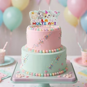 Lumânare Tort La Mulți Ani Pisicuțe (9x7 cm) Decor Aniversare Fete Tort etajat in culori pastelate roz si menta