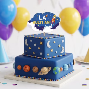 Lumânare Tort La Mulți Ani Spațiu și Rachetă (10x9 cm) Decor Astronaut Tort aniversar masiv pe doua etaje patrate