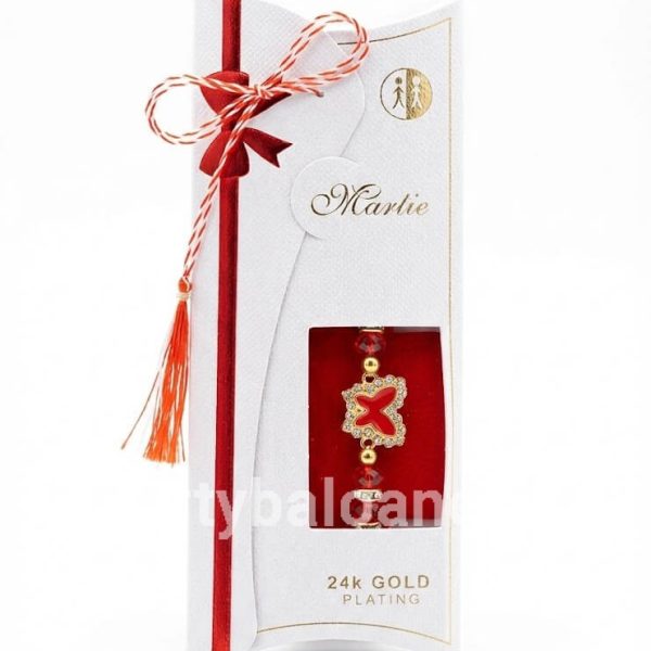 Mărțișor Brățară Fluture Placat Aur 24K și Cristale - Cadou Premium Bratara martisor premium cu pandantiv fluture rosu placat cu aur 24K si cristale pe snur rosu cu margele in cutie alba de lux