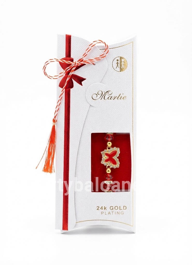 Mărțișor Brățară Fluture Placat Aur 24K și Cristale - Cadou Premium Bratara martisor premium cu pandantiv fluture rosu placat cu aur 24K si cristale pe snur rosu cu margele in cutie alba de lux