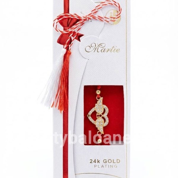 Mărțișor Brățară Inimă Lacăt Aripi Placat Aur 24K - Cadou Premium Bratara martisor premium inima lacat cu aripi placata cu aur 24K si cristale pe snur rosu in ambalaj de lux alb