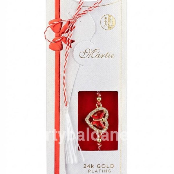 Mărțișor Brățară Inimă și Fluture Placat Aur 24K - Cadou Premium Bratara martisor premium cu pandantiv inima contur cu cristale si fluture rosu in interior placata cu aur 24K pe snur rosu in cutie alba de lux