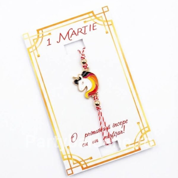 Mărțișor Brățară Reglabilă cu Unicorn Magic și Șnur Tradițional Alb-Roșu – Cadou de 1 Martie Brățară mărțișor reglabilă cu pandantiv unicorn colorat și șnur împletit tradițional alb-roșu